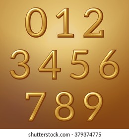 Golden convex metallic numbers on a golden background, vector illustration