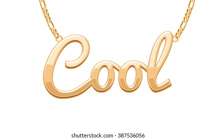 Golden COOL word pendant on chain necklace. Jewelry design.