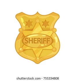 Golden cop s badge with stars and engraved word sheriff. Cartoon vector illustration in flat style.