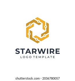 Golden Copper Circuit Wire With Hexagon Star For Electric Logo Design