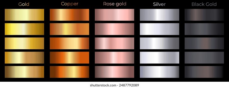 Golden, copper, gold rose, silver and black gold gradients set. Elegant, shiny big metal gradation textures collection.