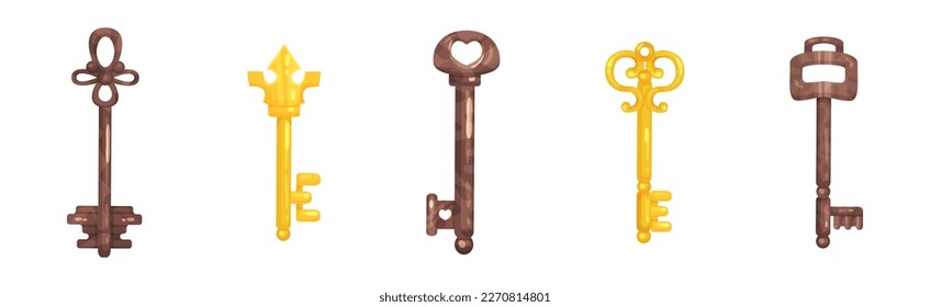 Golden and Copper Key as Device for Closing and Opening Door Vector Set