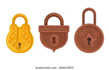 Golden and Copper Padlock with Keyhole as Security Mechanism Vector Set