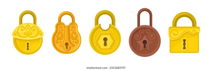 Golden and Copper Padlock with Keyhole as Security Mechanism Vector Set