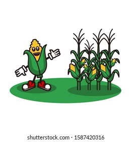 Golden Corn cartoon character being farmed vector illustration. for the theme of agriculture and vegetarian food