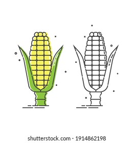 Maíz dorado sobre fondo blanco. Comida orgánica. Producto saludable. Oso amarillo joven de maíz con hojas verdes. Comer sano. Comida vegetariana. Icono de arte de línea plana. Dos ver objeto aislado.
