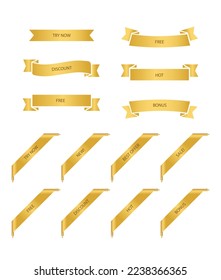 golden corner sticker and ribbon set, vector illustration