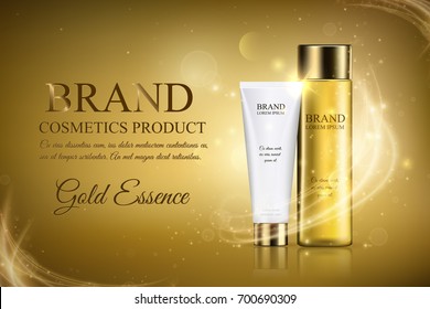 Golden cosmetic ads template, a glass translucent bottle hair oil and white tube mock up on a gold background with flare effect. Moisturizing skincare premium product. Vector illustration, eps10