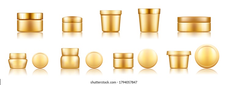 Golden cosmetic jar set with cap mockup isolated from background for lotion, cream, powder. Plastic package design. Blank hygiene, medical, body or face care template. 3d vector illustration