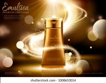 Golden cosmetic tube ads, bronze tube with glittering light and bokeh background in 3d illustration