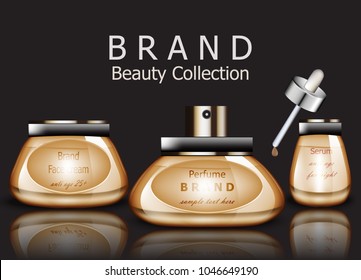 Golden Cosmetics realistic Vector packaging. Day cream, serum product mock up