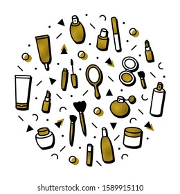 Golden cosmetics round print. Gold beauty products concept theme. Circle with lipstick, mascara, perfume, eyeshadows. Makeup and beauty care  template for shops in memphis line style.