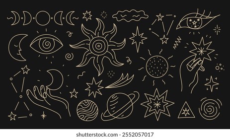 Conjunto de Elementos Doodle cósmicos dorados. Espacio abierto dibujado a mano línea de oro arte. Doodle sol estrella ojo de luna creciente planeta cometa brilla. Ilustración vectorial