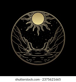 Golden Cosmic Horizons, Sun scape Panorama in Line Art