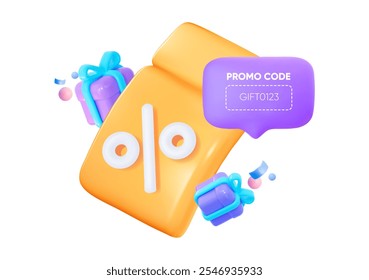 A golden coupon with flying gifts, a speech bubble, and a text field for a promo code.