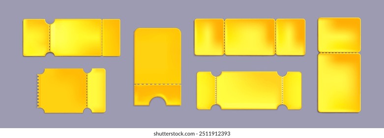 Golden coupon and voucher mockup. Realistic 3d vector illustration set of yellow cinema or concert blank paper ticket template. gold lottery or raffle badge layout. Empty theater pass receipt frame.