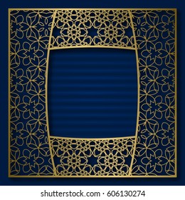 Golden cover background with traditional patterned frame in convex square form.