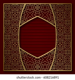 Golden cover background with traditional patterned frame in hexagonal form.