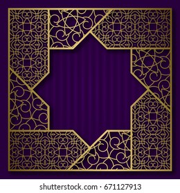 Golden cover background with traditional patterned square frame in eight pointed star form.
