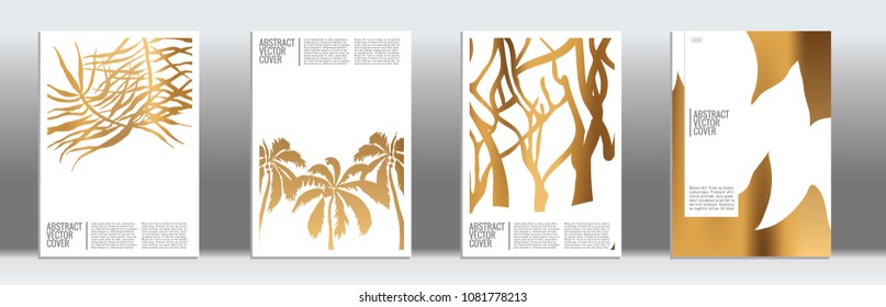 Golden cover set. Exotic flyer on light background.  Fluid poster design.  Brochure foil design. Gold backdrop. Stylish vector cover design.  Abstract gradient vintage texture.