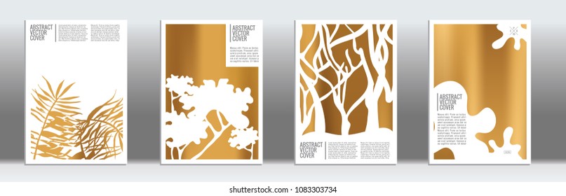 Golden cover set. Exotic flyer on light background.  Liquid design. Brochure template design. Golden backdrop. Stylish vector cover design.  Abstract gradient retro texture.