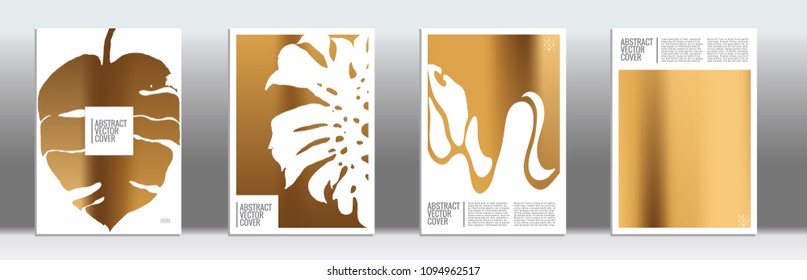 Golden cover set. Exotic flyer on light background.  Fluid poster design.  Brochure foil design. Luxury backdrop. Stylish vector cover design.  Abstract gradient retro texture.