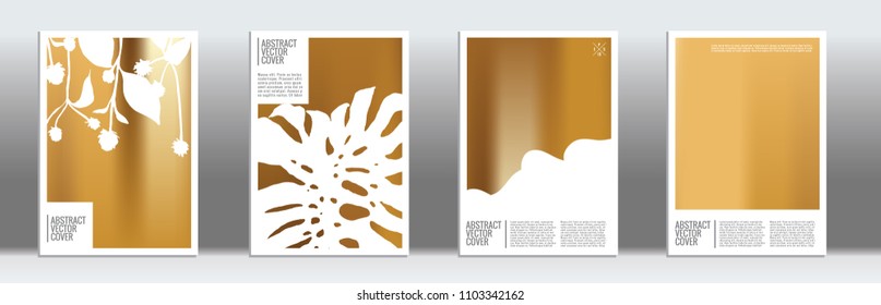 Golden cover set. Exotic flyer on light background.  Fluid poster design.  Brochure foil design. Luxury backdrop. Stylish vector cover design.  Abstract gradient vintage texture.