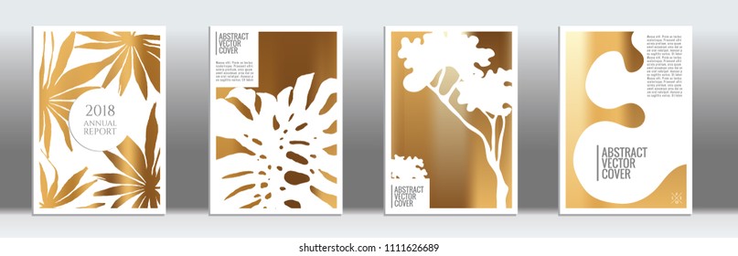 Golden cover set. Exotic flyer on light background.  Fluid poster design.  Brochure foil design. Gold backdrop. Stylish vector cover design.  Abstract gradient vintage texture.