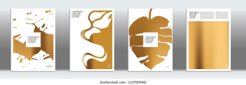 Golden cover set. Exotic flyer on light background.  Fluid poster design.  Brochure foil design. Golden backdrop. Stylish vector cover design.  Abstract gradient vintage texture.