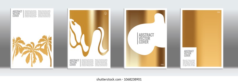 Golden cover set. Minimal flyer on light background.  Fluid poster design.  Brochure template design. Golden backdrop. Stylish vector cover design.  Abstract gradient retro texture.