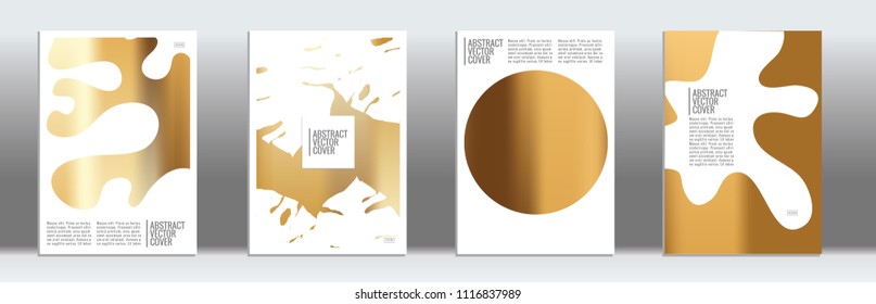 Golden cover set. Minimal flyer on light background.  Liquid design. Brochure foil design. Golden backdrop. Stylish vector cover design.  Abstract gradient vintage texture.