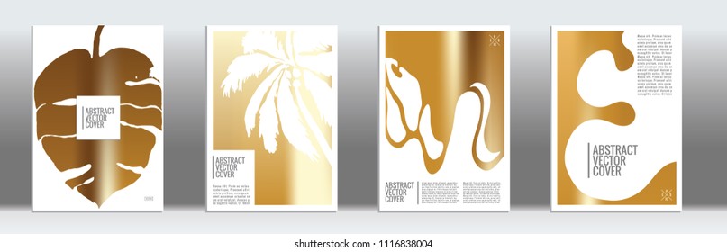 Golden cover set. Minimal flyer on light background.  Fluid poster design.  Brochure template design. Golden backdrop. Stylish vector cover design.  Abstract gradient retro texture.