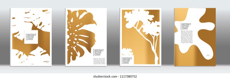 Golden cover set. Minimal flyer on light background.  Liquid design. Brochure template design. Gold backdrop. Stylish vector cover design.  Abstract gradient vintage texture.