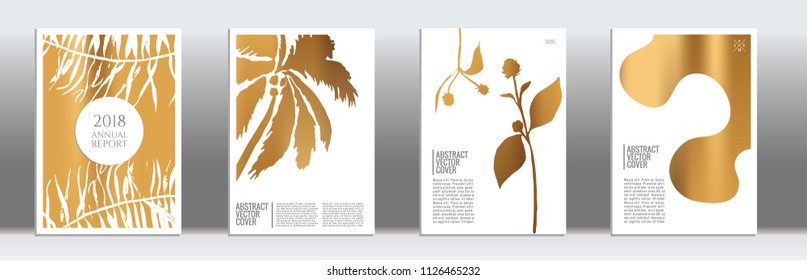 Golden cover set. Minimal flyer on light background.  Liquid design. Brochure foil design. Gold backdrop. Stylish vector cover design.  Abstract gradient retro texture.