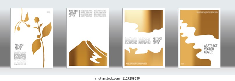 Golden cover set. Minimal flyer on light background.  Liquid design. Brochure template design. Golden backdrop. Stylish vector cover design.  Abstract gradient vintage texture.