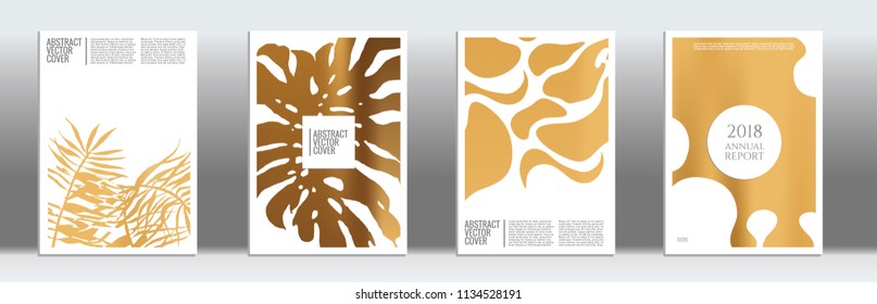 Golden cover set. Minimal flyer on light background.  Fluid poster design.  Brochure foil design. Luxury backdrop. Stylish vector cover design.  Abstract gradient retro texture.