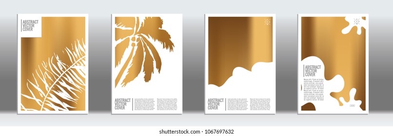 Golden cover set. Tropical flyer on light background.  Fluid poster design.  Brochure template design. Gold backdrop. Stylish vector cover design.  Abstract gradient retro texture.