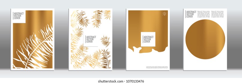 Golden cover set. Tropical flyer on light background.  Liquid design. Brochure foil design. Gold backdrop. Stylish vector cover design.  Abstract gradient vintage texture.