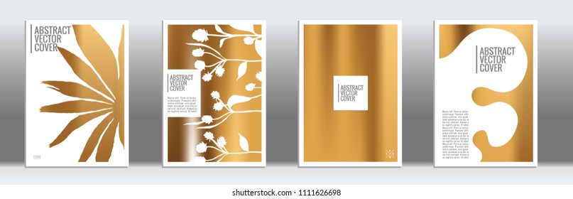 Golden cover set. Tropical flyer on light background.  Fluid poster design.  Brochure template design. Luxury backdrop. Stylish vector cover design.  Abstract gradient vintage texture.