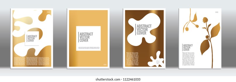 Golden cover set. Tropical flyer on light background.  Fluid poster design.  Brochure template design. Golden backdrop. Stylish vector cover design.  Abstract gradient vintage texture.