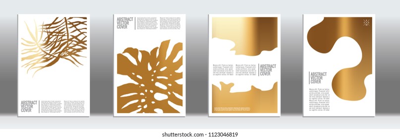 Golden cover set. Tropical flyer on light background.  Liquid design. Brochure foil design. Golden backdrop. Stylish vector cover design.  Abstract gradient retro texture.