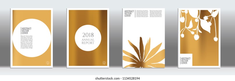 Golden cover set. Tropical flyer on light background.  Liquid design. Brochure template design. Golden backdrop. Stylish vector cover design.  Abstract gradient retro texture.