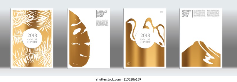 Golden cover set. Tropical flyer on light background.  Fluid poster design.  Brochure foil design. Gold backdrop. Stylish vector cover design.  Abstract gradient retro texture.