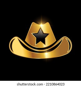 Golden Cowboy Hat Vector Sign Illustration with Gold Shine Effect In black background