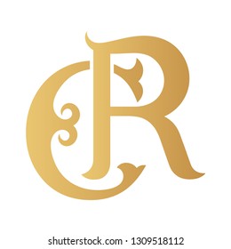 Golden CR monogram isolated in white.