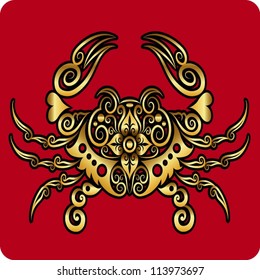 Golden crab ornament.  Crab with golden floral decoration. Use for pendant design.