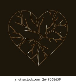 Golden cracked heart. Vector art design. Strength symbolism. Emotional graphics. Intricate line art. Modern digital art. Creative visuals. Unique vector graphics. Elegant artwork. Expressive vector.