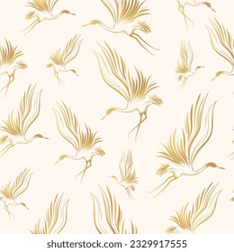 Golden crane birds seamless pattern.  Vector background with oriental motives. Japanese art for  textile, texture and wrapping paper.