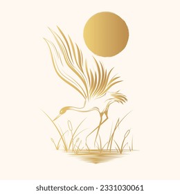Golden crane in the reeds under the sun. Japanese hand drawn vector illustration isolated on white for greeting card and poster