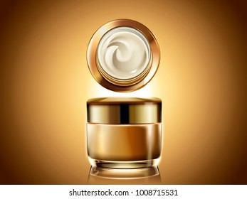 Golden cream jar mockup, blank cosmetic container template for design use with cream texture in 3d illustration, glowing golden background